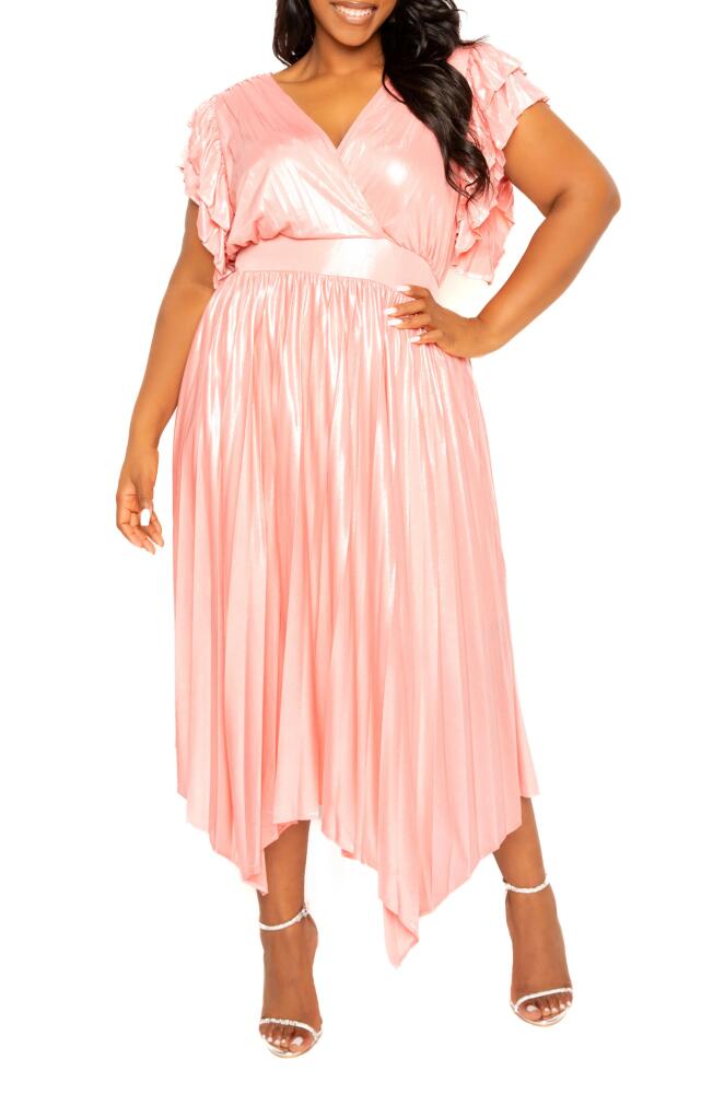 BUXOM COUTURE Metallic Pleated Flutter Sleeve Maxi Dress in Metallic Peach Cover