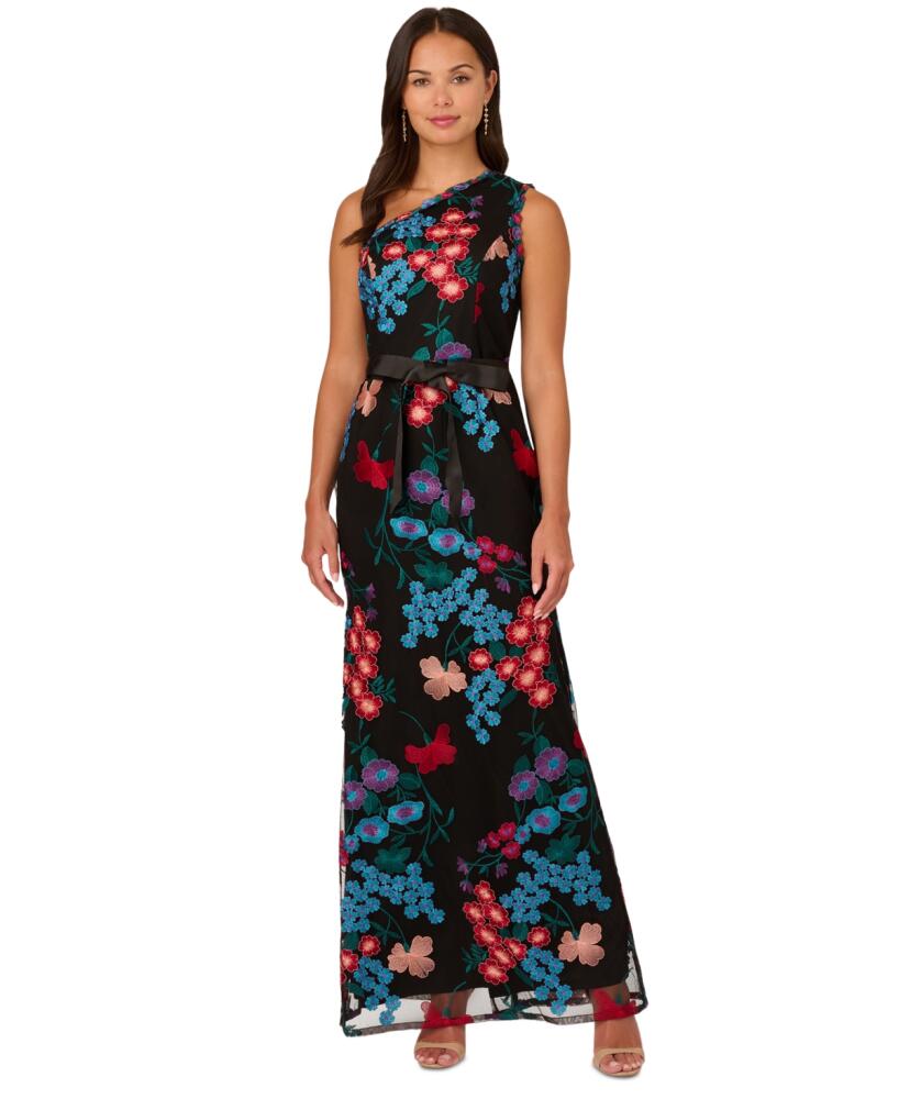 Adrianna Papell Women's One-Shoulder Embroidered Gown - Black Multi Cover