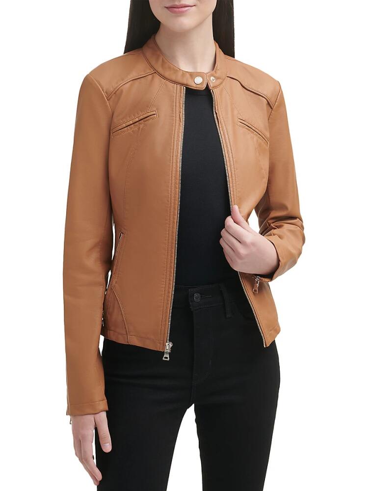 Guess Women's Band Collar Faux Leather Jacket - Honey Cover