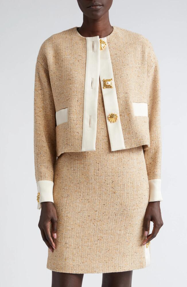 St. John Collection Crepe Trim Boxy Tweed Jacket in Light Sand Cover