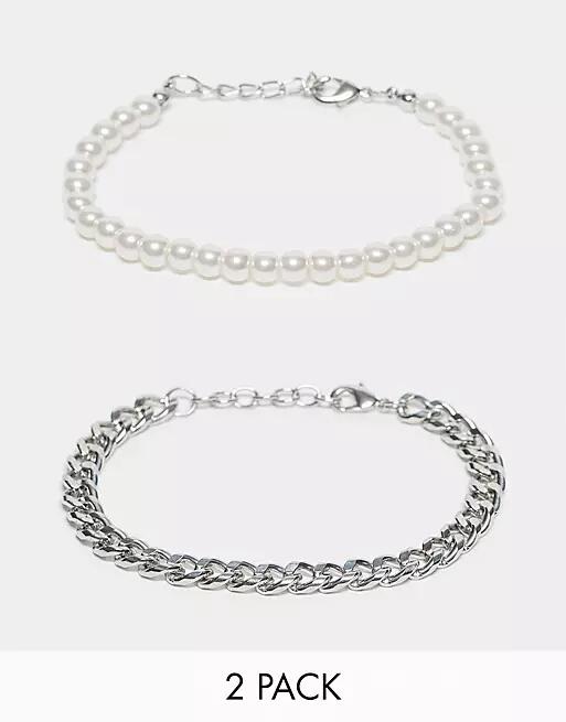 ASOS DESIGN 2 pack bracelet set with chain and 6mm faux pearl in silver tone Cover