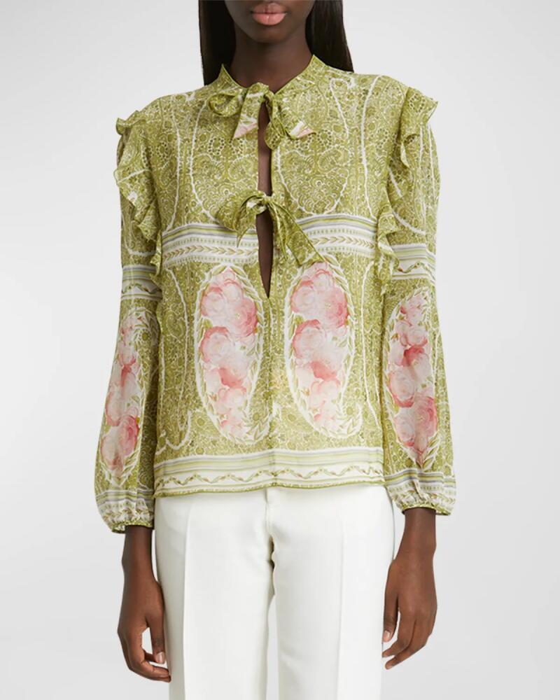 Giambattista Valli Paisley-Print Ruffle Long-Sleeve Silk Blouse Cover