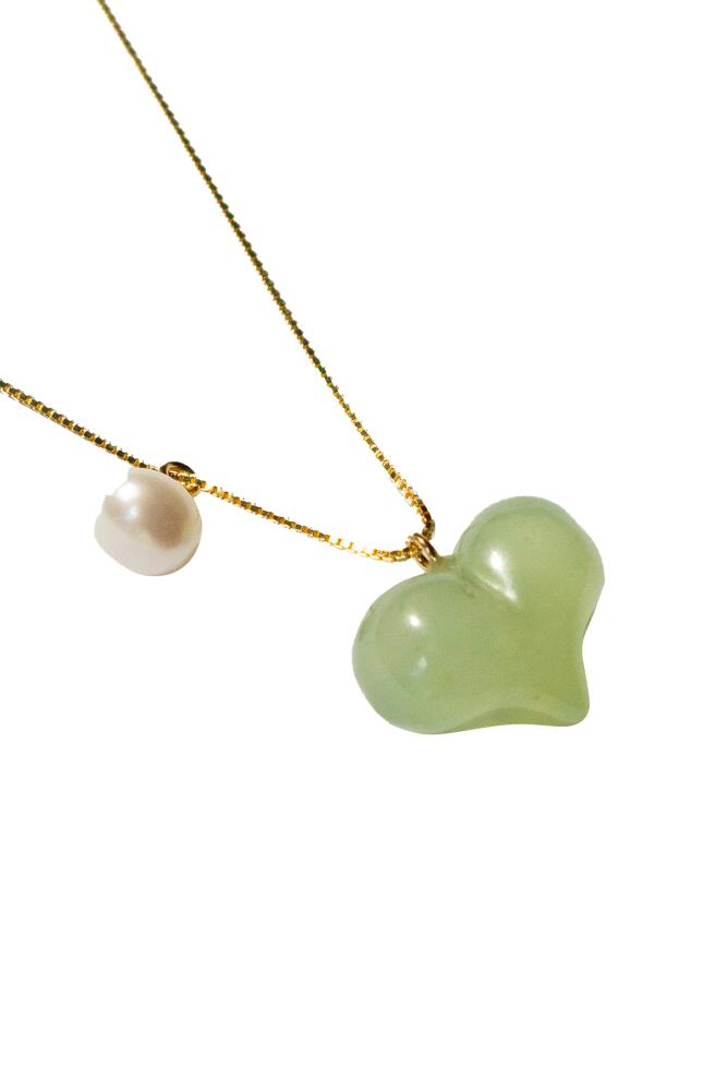 seree Puffed heart Green jade & pearl pendant necklace in Light Green Cover