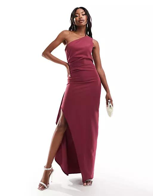 Vesper one shoulder drape side split maxi dress in berry-Red Cover