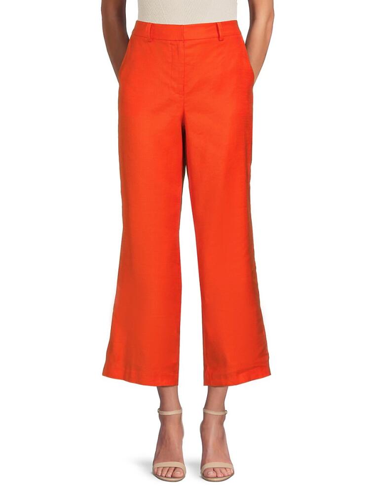 BCBGMAXAZRIA Women's Flat Front Linen Blend Straight Leg Ankle Trousers - Pumpkin Cover