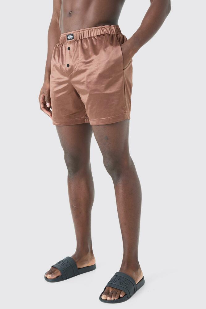 boohoo Mens Mid Length Satin Swim Short - Brown Cover