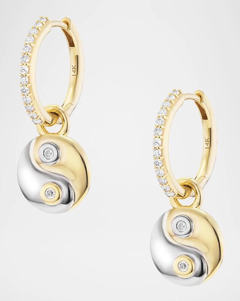 Sheryl Lowe Two Tone Yin Yang Charm with Diamond Bezels on Pave Huggie Hoop Earrings Cover