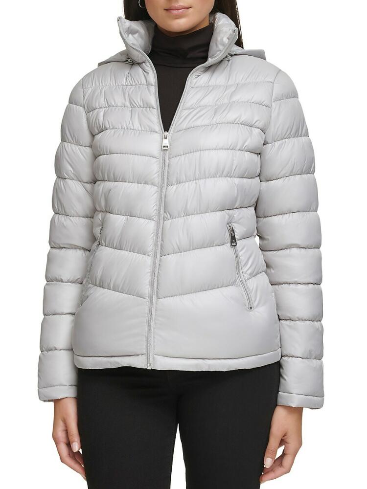 Kenneth Cole Women's Solid Hooded Puffer Jacket - Silver Cover