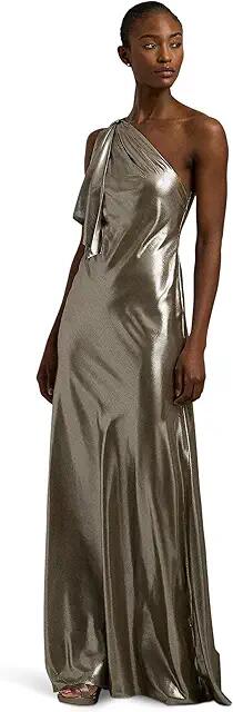 Lauren Ralph Lauren Metallic Chiffon One-Shoulder Gown (Medium Pewter/Silver Foil) Women's Dress Cover