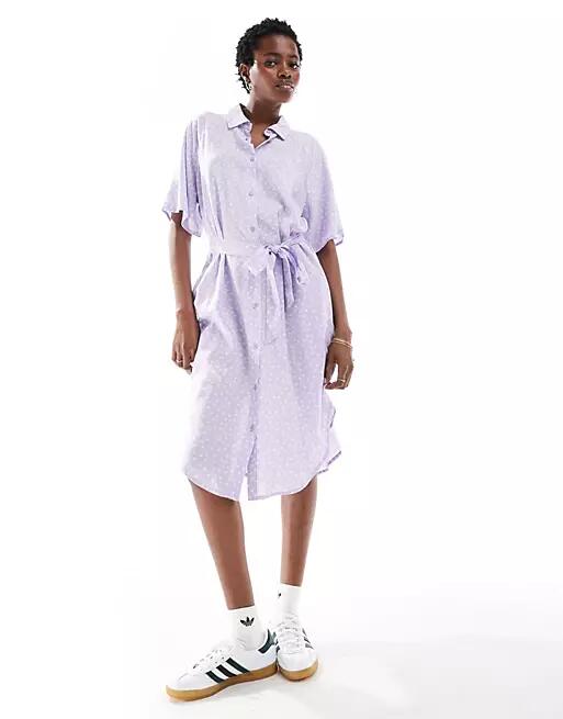 Monki tie waist midi shirt dress in dark lilac ditsy print exclusive to ASOS-Multi Cover