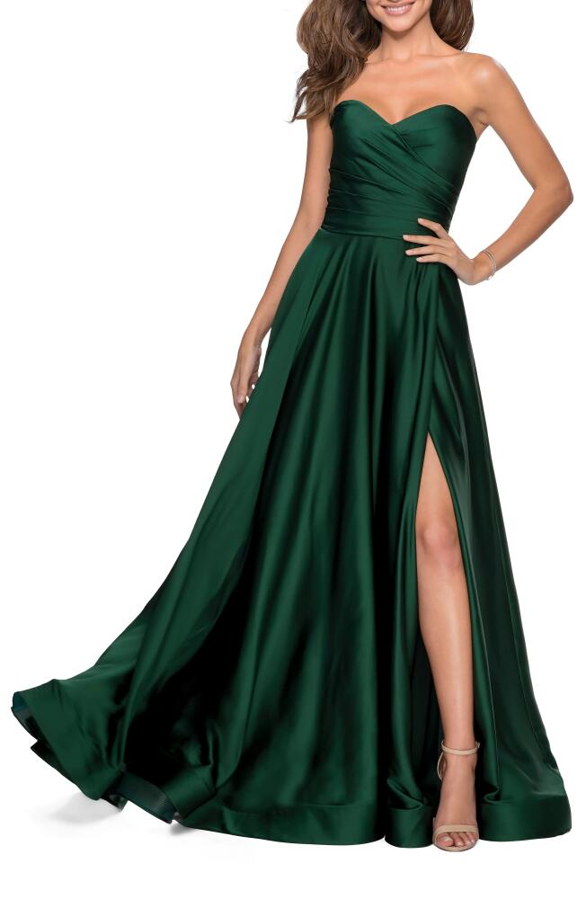 La Femme Strapless Slit Satin Ballgown in Emerald Cover