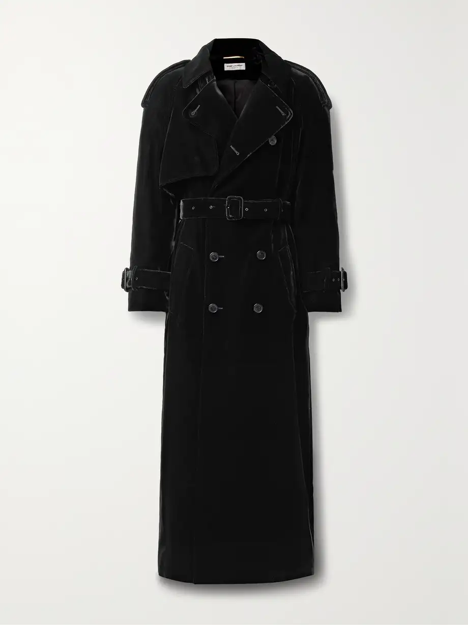 SAINT LAURENT - Belted Double-breasted Velvet Trench Coat - Black Cover