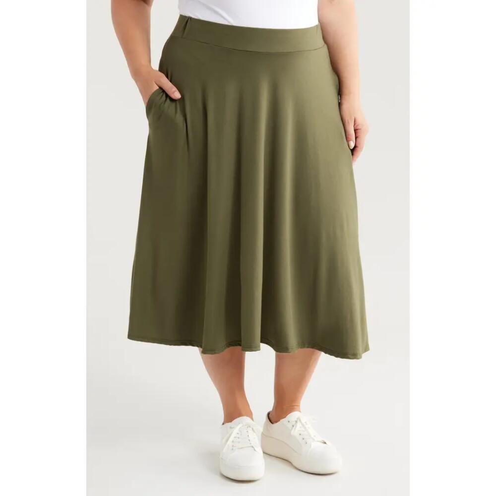 24seven Comfort Apparel Flowy Jersey Midi Skirt in Olive Cover