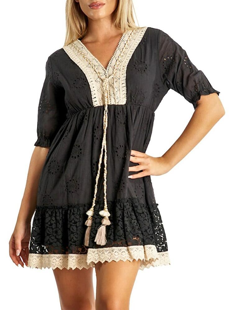 La Moda Clothing Women's Crochet Peasant Mini Dress - Black Cover