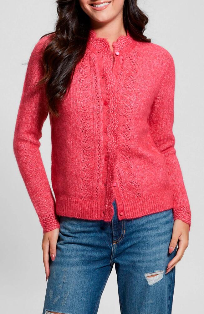 GUESS Macie Pointelle Detail Cardigan in Spring Coral Cover