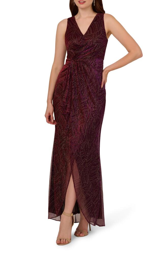 Adrianna Papell Metallic Sleeveless Mesh High/Low Gown in Burgundy/Gold Cover