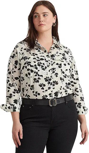 LAUREN Ralph Lauren Plus-Size Classic Fit Leaf-Print Voile Shirt (Cream/Black) Women's Clothing Cover