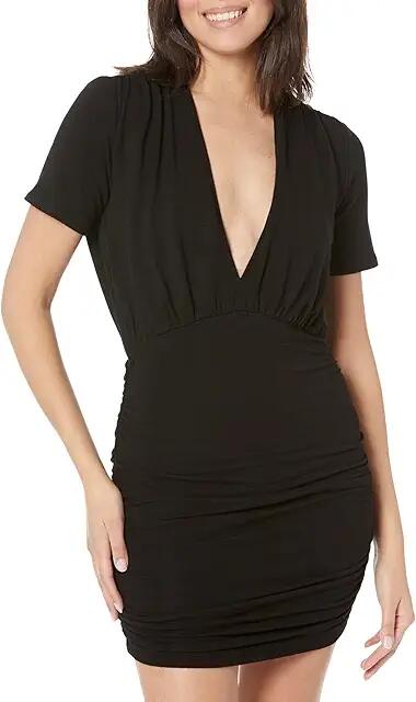 MONROW Supersoft Deep V-Neck Shirred Dress (Black) Women's Clothing Cover