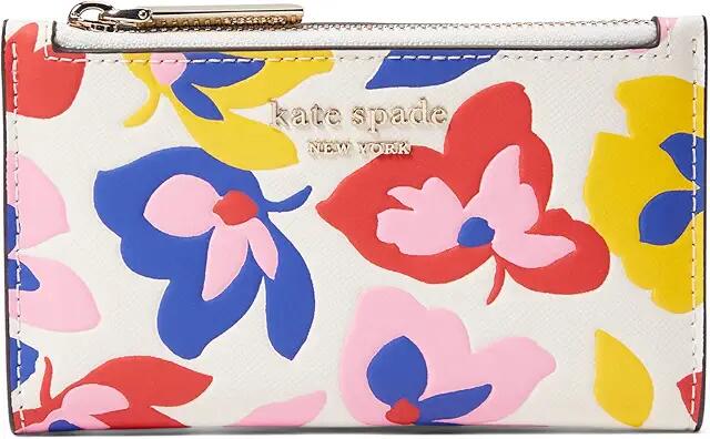 Kate Spade New York Spencer Summer Flower Embossed Saffiano Leather Small Slim Bifold Wallet (Cream Multi) Handbags Cover