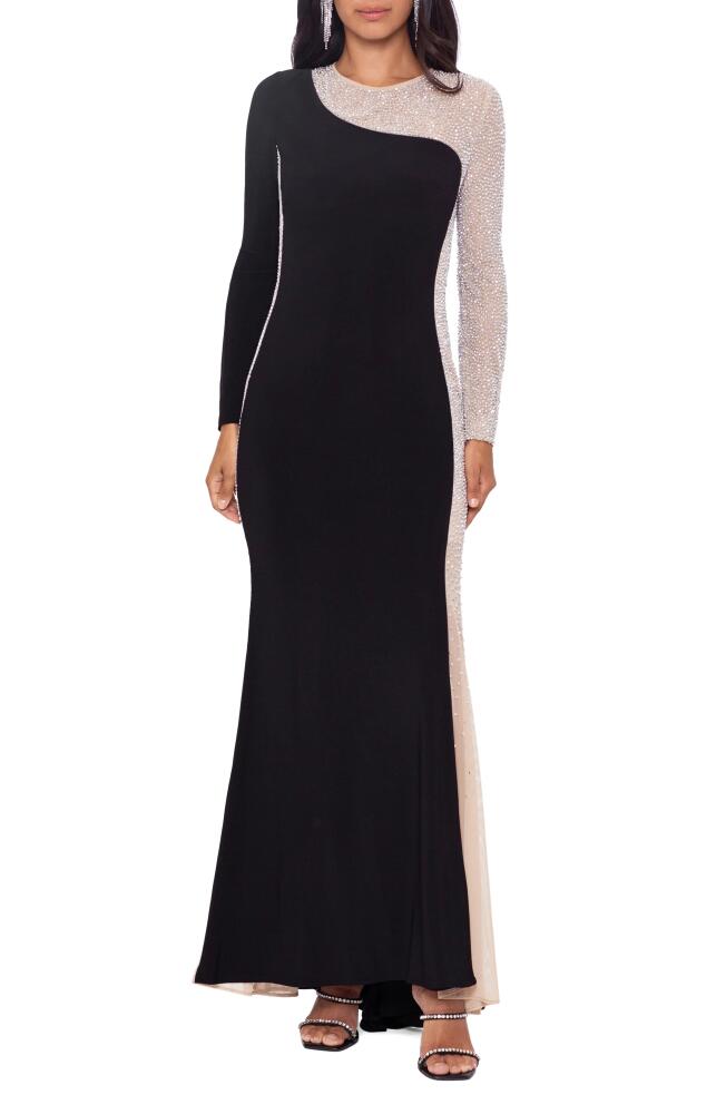 Xscape Evenings Rhinestone Long Sleeve Gown in Blknudslvr Cover