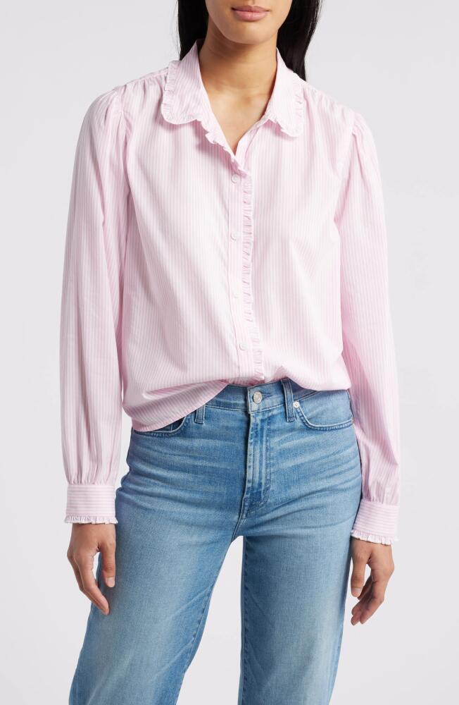 beachlunchlounge Ciara Stripe Ruffle Trim Button-Up Shirt in Blushing Pink Cover