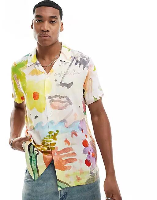 Coney Island Picnic watercolor print camp collar shirt in multi Cover