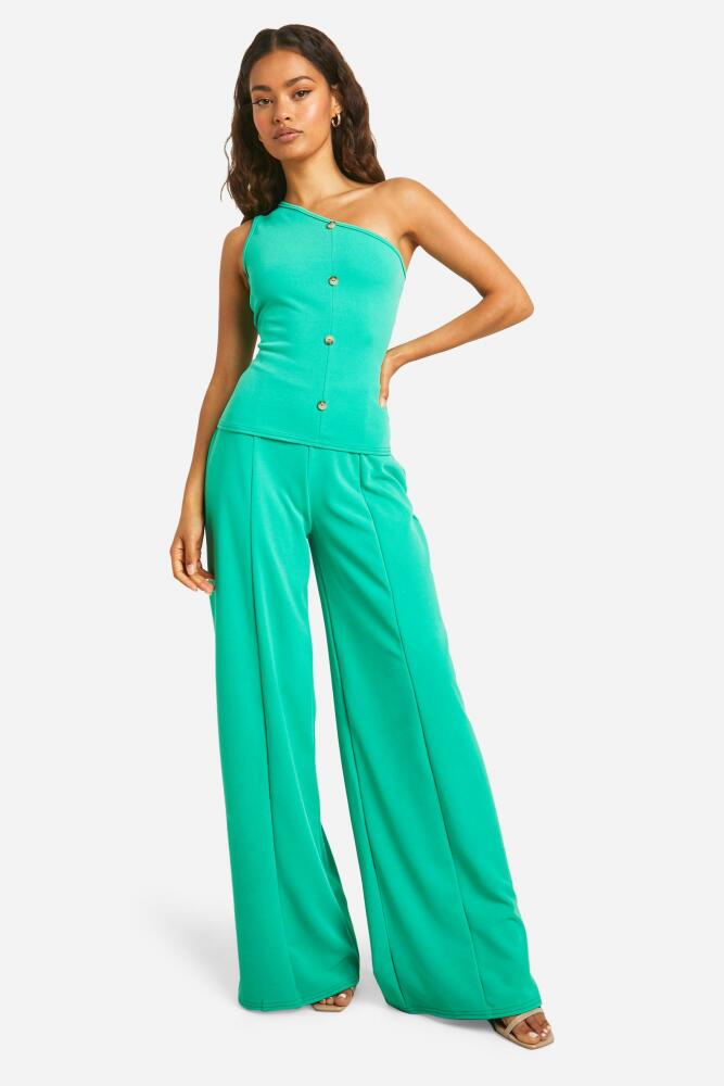 boohoo Womens Stretch Crepe Wide Leg Pants - Green Cover