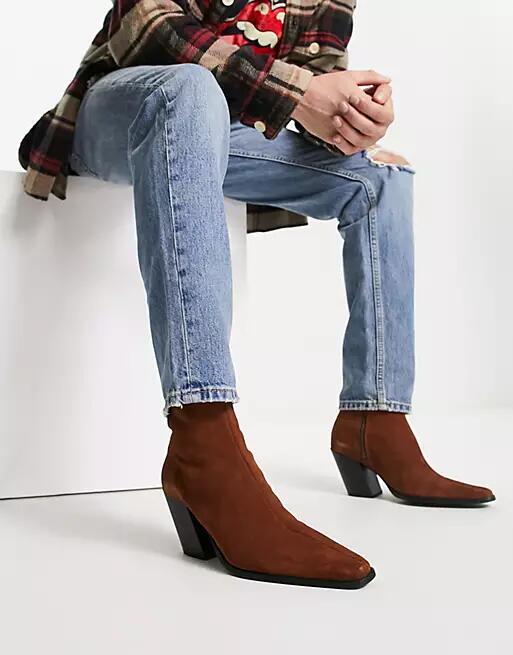 ASOS DESIGN heeled chelsea boots with angled heel in tan suede-Brown Cover