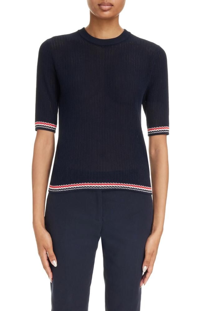 Thom Browne Stripe Rib Cotton & Silk Sweater in Navy Cover