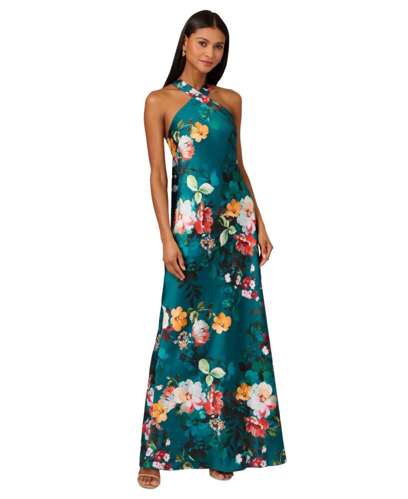 Adrianna by Adrianna Papell Women's Printed Drape-Back Halter Gown - Teal Multi Cover