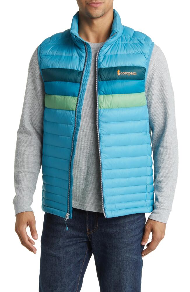 Cotopaxi Fuego Water Resistant 800 Fill Power Down Vest in Poolside Stripes Cover