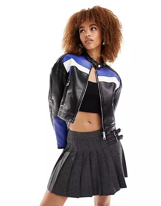 Lioness leather look biker jacket in black and blue stripe-Multi Cover