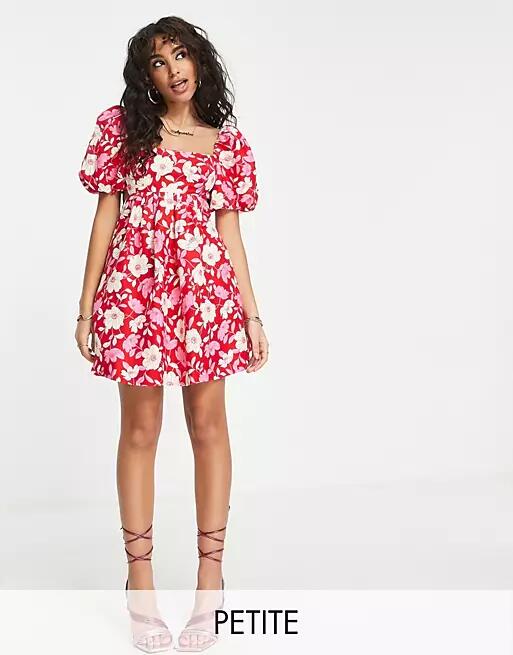 Ever New Petite open-back puff sleeve mini dress in red floral Cover