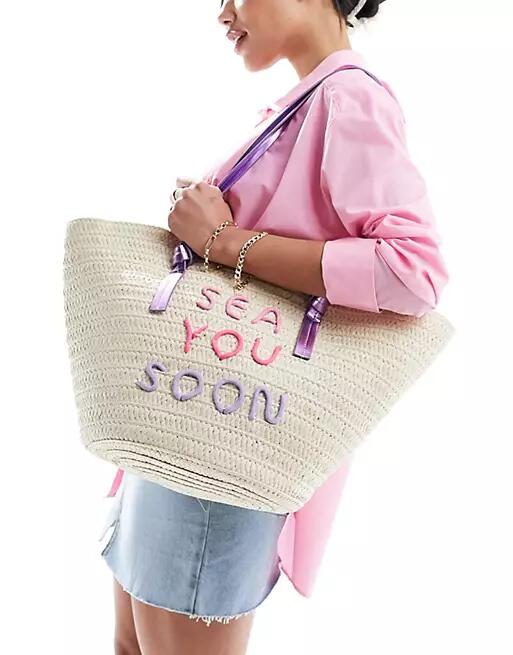 South Beach straw basket shoulder bag with embroidered detail-Neutral Cover