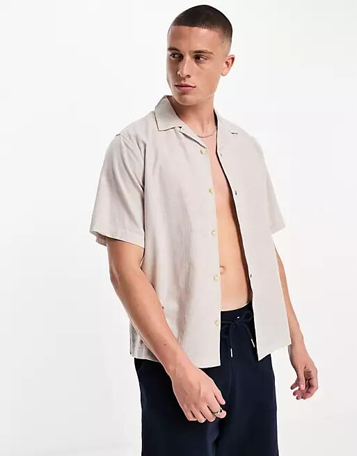 Jack & Jones Premium linen mix revere collar shirt in beige-Neutral Cover