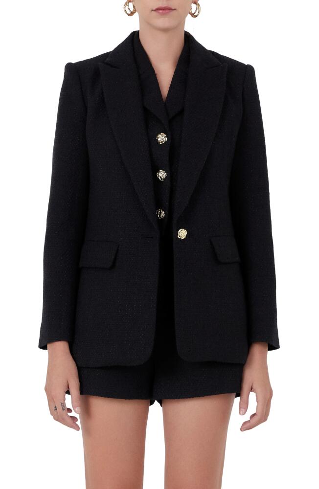 Endless Rose Peaked Lapel Tweed Blazer in Black Cover