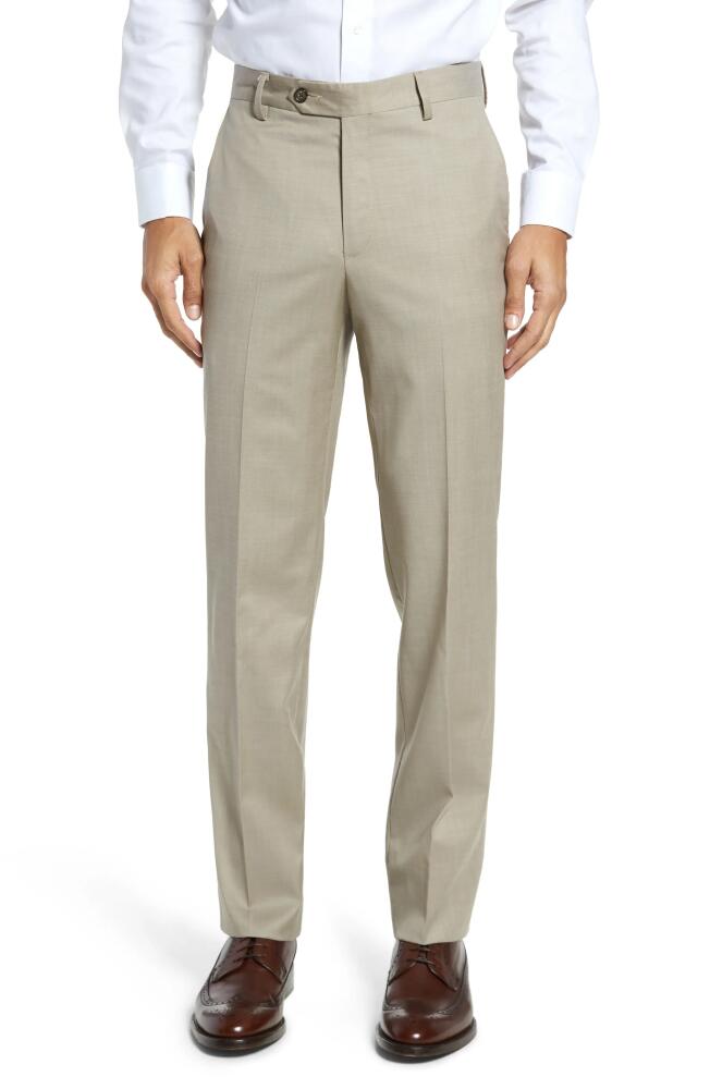 Berle Flat Front Modern Fit Gabardine Stretch Wool Trousers in Tan Cover