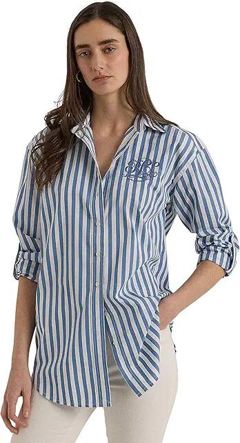 LAUREN Ralph Lauren Petite Oversize Striped Cotton Broadcloth Shirt (Pale Azure/White) Women's Clothing Cover