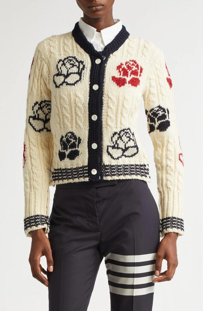 Thom Browne Rose Intarsia Cable Knit Wool & Mohair Cardigan in White Cover