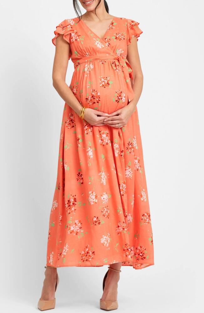 Seraphine Flutter Sleeve Faux Wrap Maternity Dress in Coral Print Cover