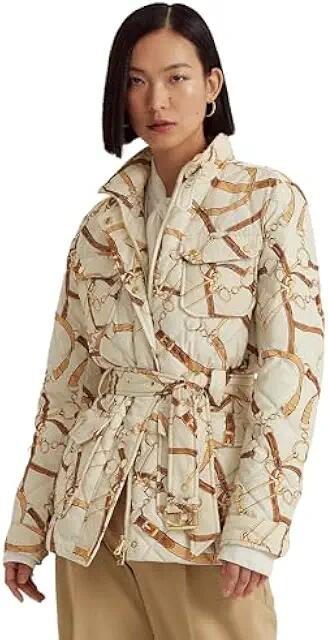 LAUREN Ralph Lauren Belting-Print Diamond-Quilted Down Coat (Cream Multi) Women's Vest Cover