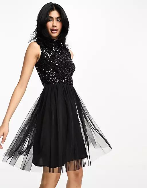 Maya high neck mini dress with delicate sequin black Cover