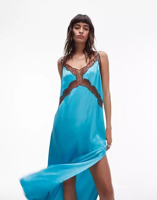 Topshop lace insert midi dress in turquoise-Blue Cover