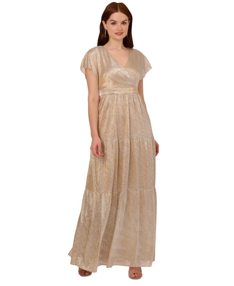 Adrianna Papell Women's Metallic Flutter-Sleeve Gown - Alabaster Cover