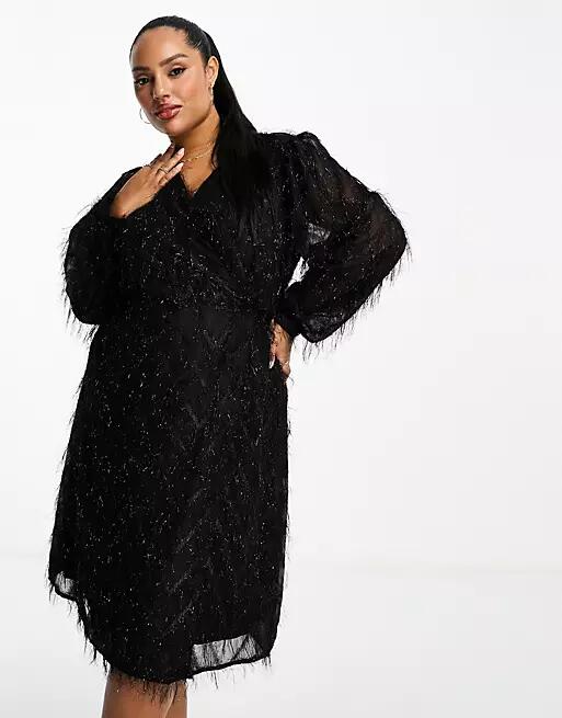 Vila Curve fluffy textured wrap mini dress in black Cover