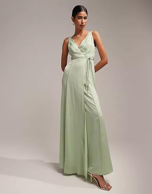 ASOS DESIGN Bridesmaid satin wrap maxi dress with tie detail in sage-Green Cover