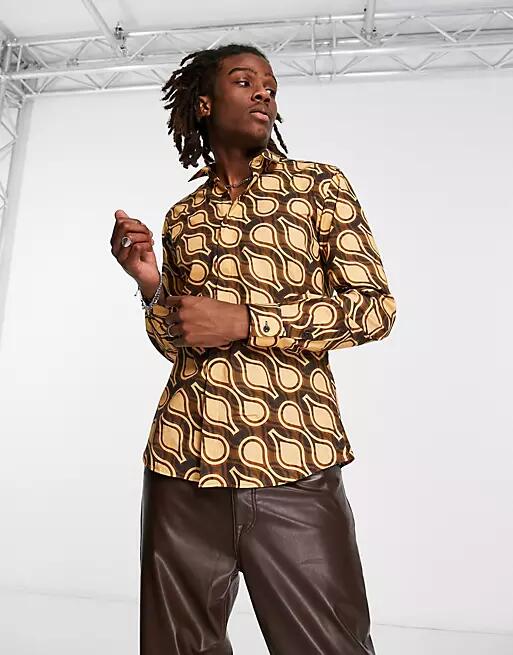 Twisted Tailor dembele printed shirt in dark brown-Neutral Cover