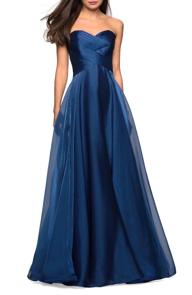 La Femme Strapless Metallic Organza Gown in Navy Cover