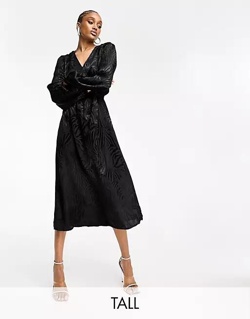 JDY Tall puff sleeve wrap jacquard midi dress in black zebra Cover