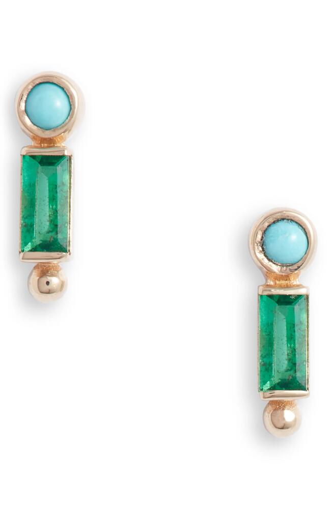 Anzie Dew Drop Bezel Stud Earrings in Yellow Gold/Green/Blue Cover